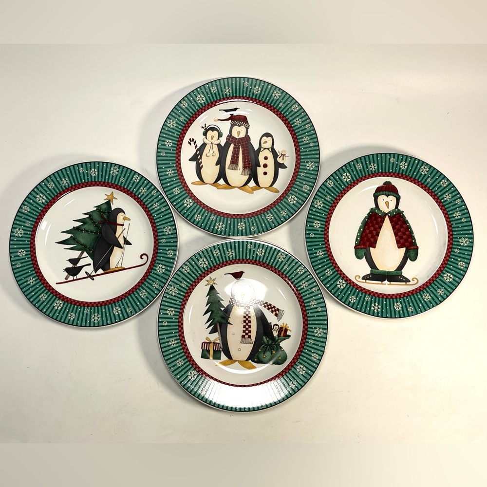 Vintage Sakura Debbie Mumm 1998 Penguins Christmas Dessert Plates Set Of 4
